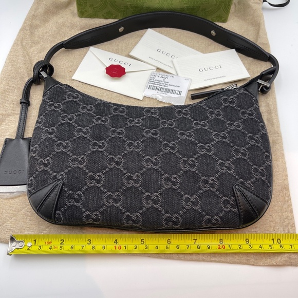 NEW GUCCI Jacquard Black Denim GG Monogram silver Horsebit Shoulder Bag Black - Picture 12 of 16